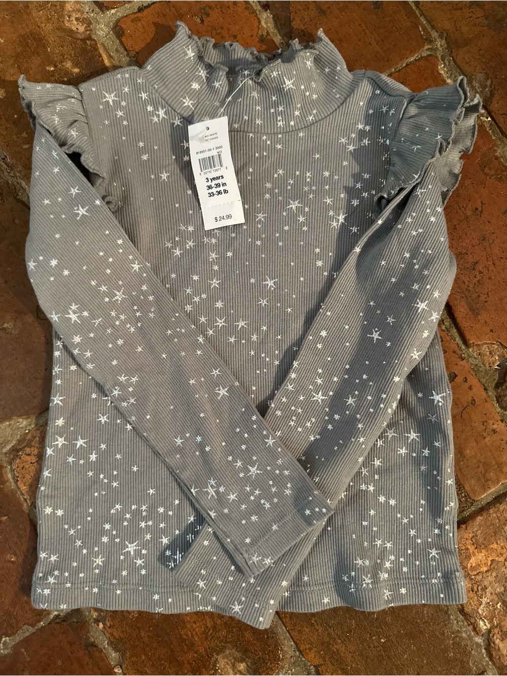 NWT Baby Gap Girls' Gray Star Print Ruffle Mock Neck Top, Size 3 years